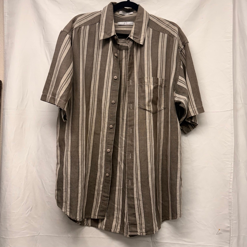 Men's GEOFFREY BEENE L Brown Beige Linen Striped Casual Button Down Shirt
